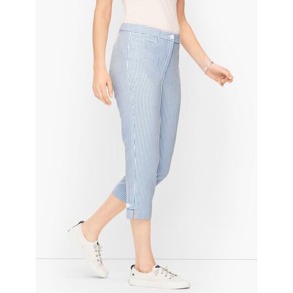 Talbots Perfect Skimmers Seersucker Capri Striped Blue White Button Hem Size 12P - Picture 1 of 16